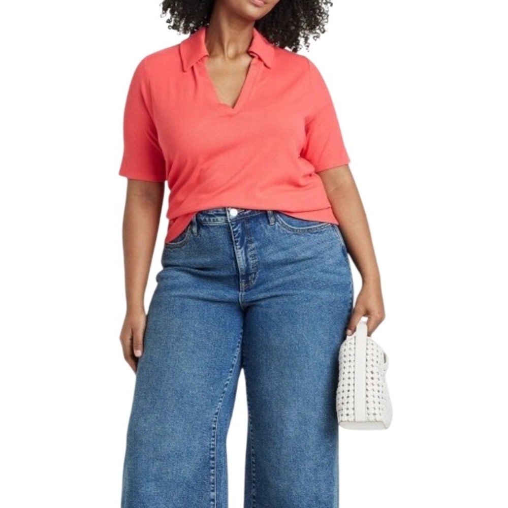 AVA & VIV Women's‎ 2X Coral Ribbed Knit Short Sleeve Collared Top Shirt Casual